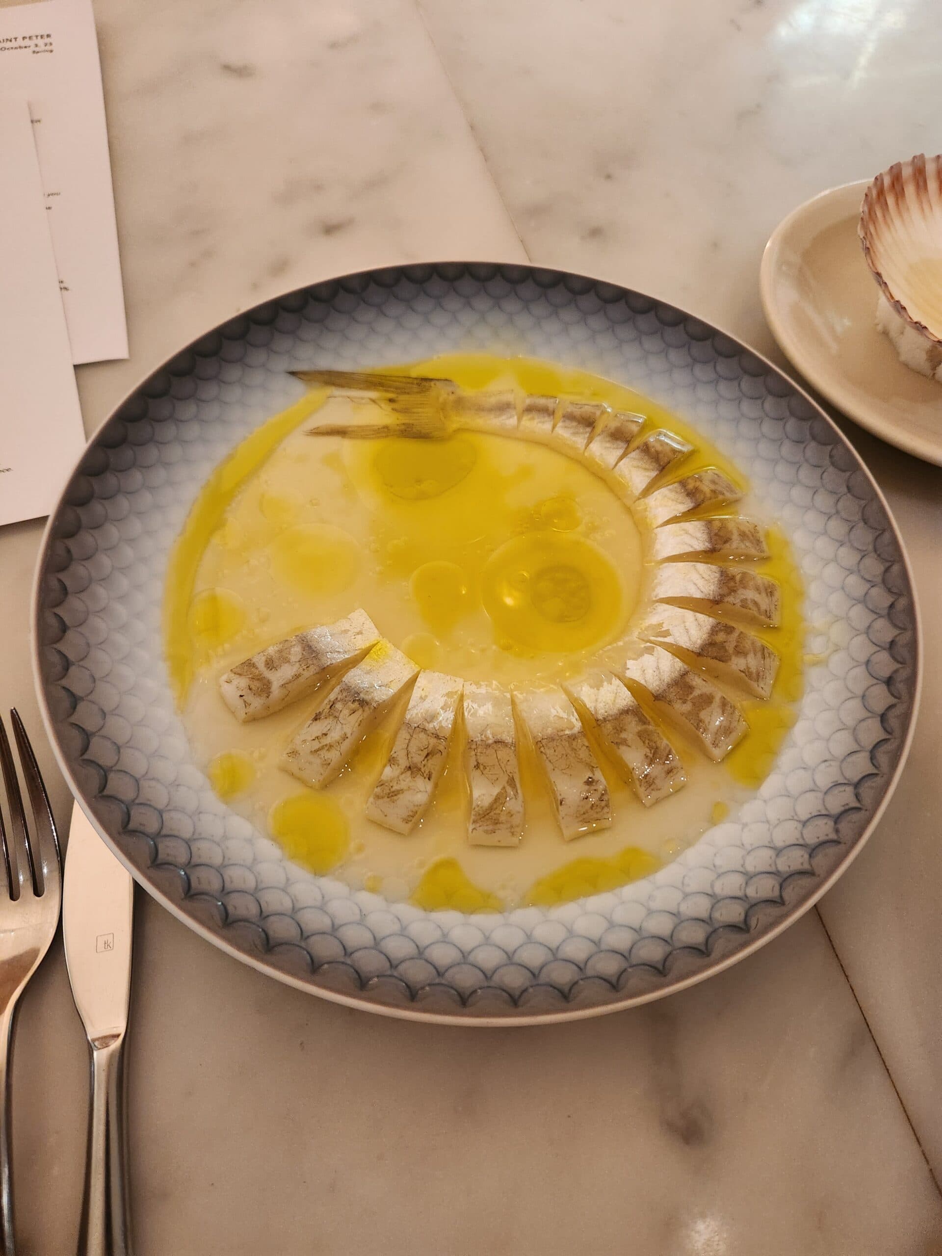 Salt and Vinegar King George Whiting in a pool of olive oil at Saint Peter