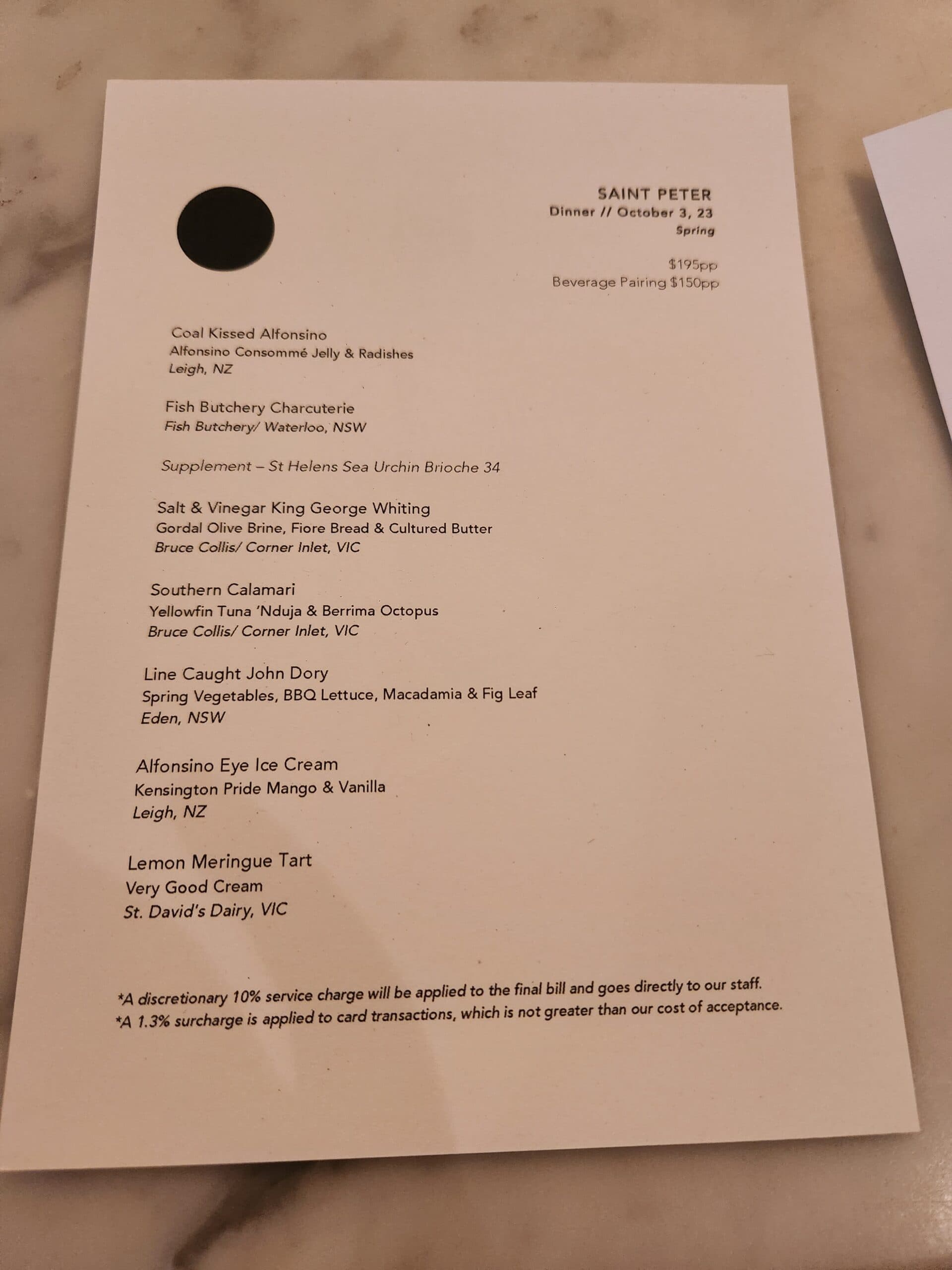 The Saint Peter Spring tasting menu, page one