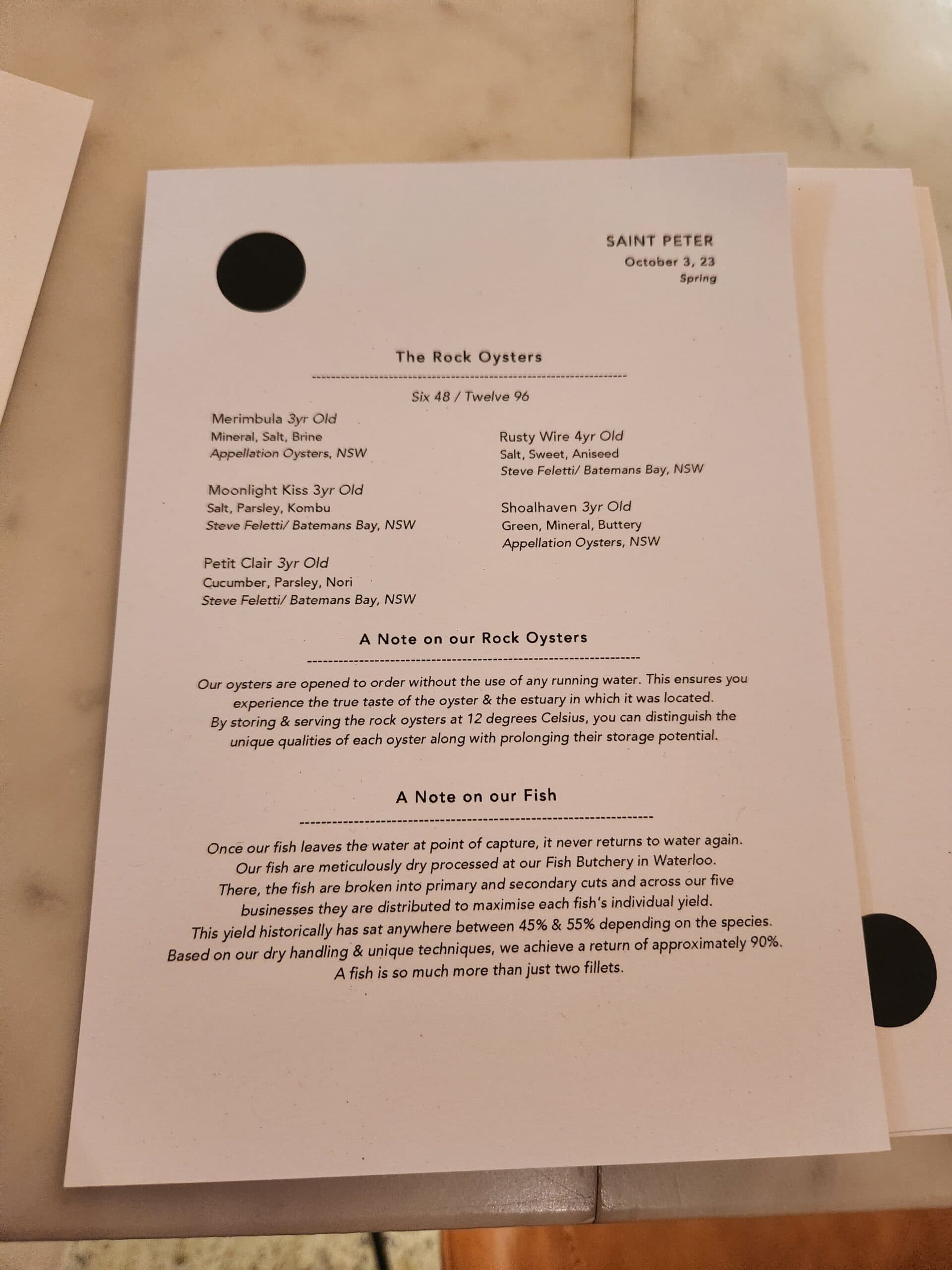 The Saint Peter Spring tasting menu, page two